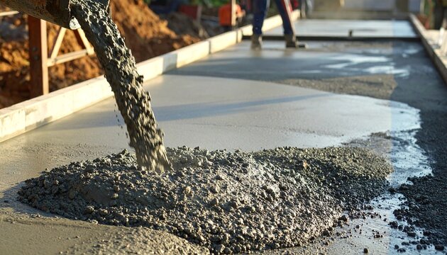 Fresh concrete being poured on a construction site, showcasing the wet mix and aggregate during the building process.