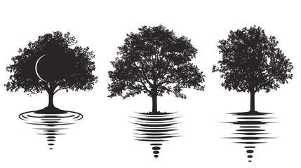 Fototapeta premium Three silhouette trees with varied reflection effects on a plain white background, each with different details