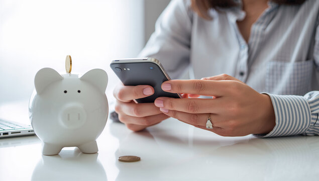 家計簿アプリを見ながら貯金を続ける日本人のマネー管理風景