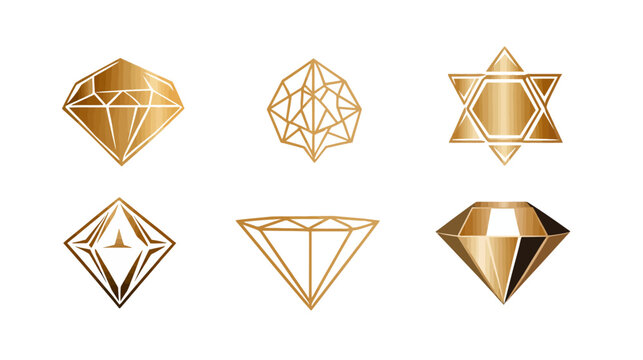 A collection of six stylized, geometric gemstone designs in shades of gold against a white background