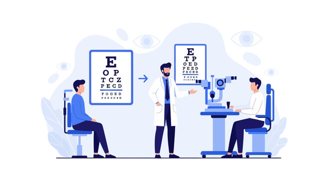 Optometrist examining patient's eyes with eye chart and equipment, vision test concept