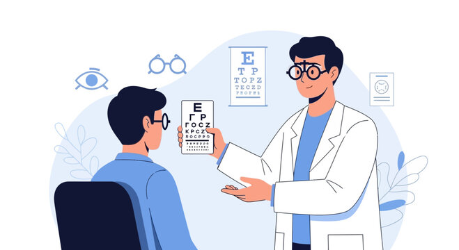 Optometrist examining patient's eyes with eye chart and glasses, vision test