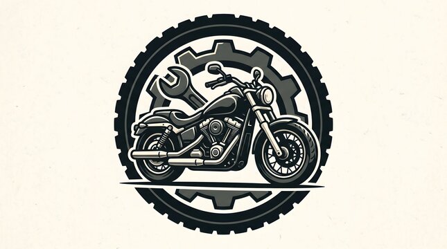 Vintage motorcycle repair and custom garage emblem with motorbike, gear, and wrench. Vector illustration of a classic cruiser bike for workshop or biker club logo