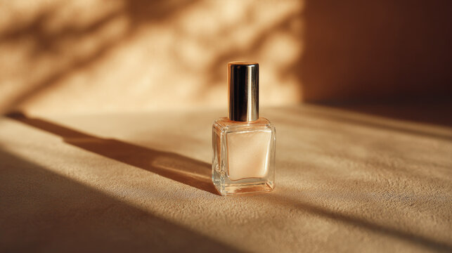 Top view of a single neutral nail polish bottle on a beige table, soft warm light, minimal aesthetic, uncluttered background, copy space, no branding