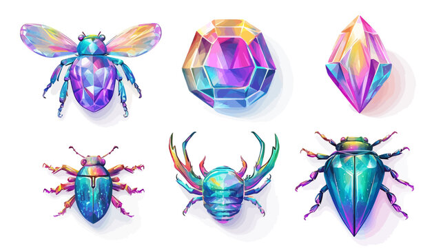 Illustration of stylized insect and gemstone designs with vibrant colors and faceted textures