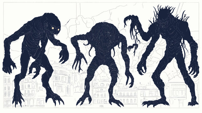 Three monstrous dark figures are silhouetted against a white cityscape background, with map overlay