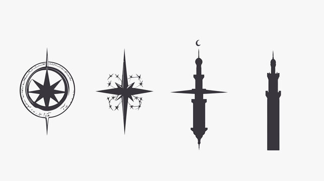 Collection of stylized compasses and architectural silhouettes on a clean white background