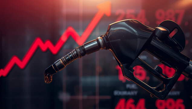 ガソリン価格高騰を示す給油ノズルと赤い上昇グラフの写真