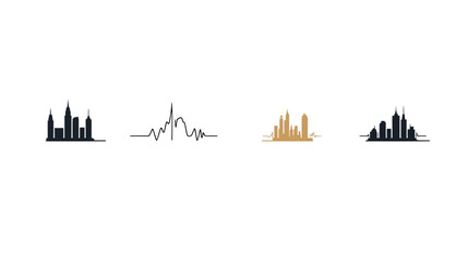 Obraz premium Four stylized city skyline illustrations on a white background, featuring modern architecture in minimalist designs