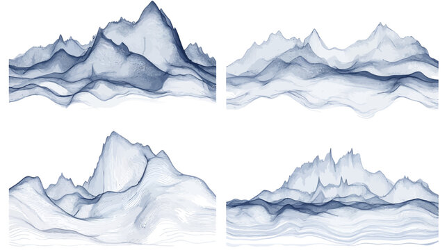 Four stylized illustrations, each depicting abstract, textured mountains in cool blue tones