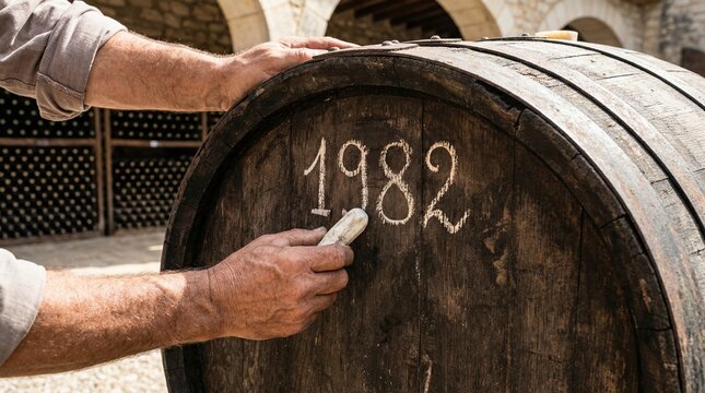 Close up of hands using white chalk to write the year 1982 on the side of a large old wooden wine barrel outdoors