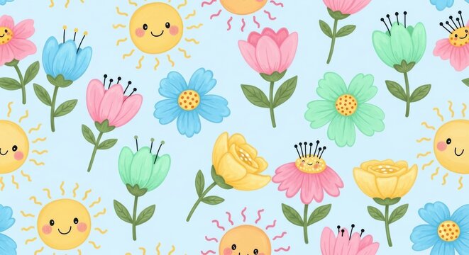 a colorful floral pattern with smiling suns on a light blue background with pink, blue, green and ye