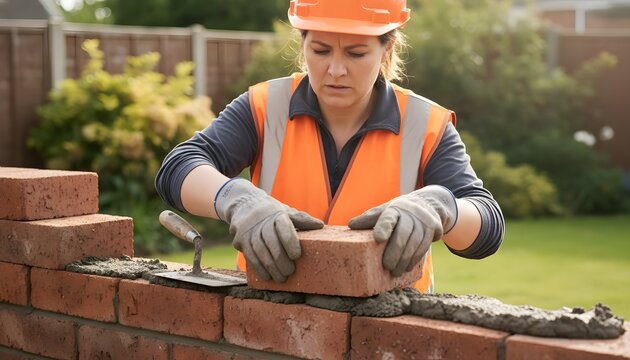 Female bricklayer building a red brick fence outdoor during a home renovation project for residential construction and masonry development concept