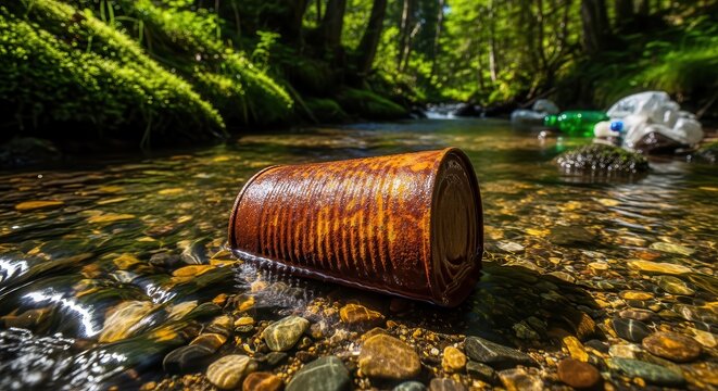a rusty metal barrel sitting on rocks in a shallow stream with trash in the background and trees lin