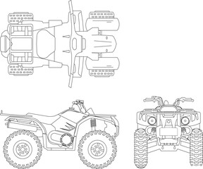 Minimalist architectural vector drawing of an ATV quad bike, featuring technical plan, top, front, and elevation side views. © Riki