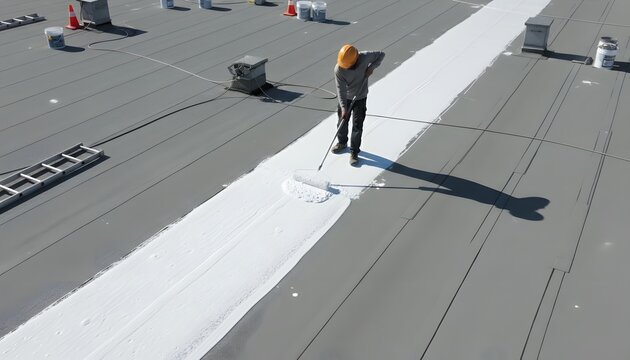 Industrial worker sealing roof with roller applying white waterproof coating during flat roof maintenance and repair concept for energy efficiency and protection