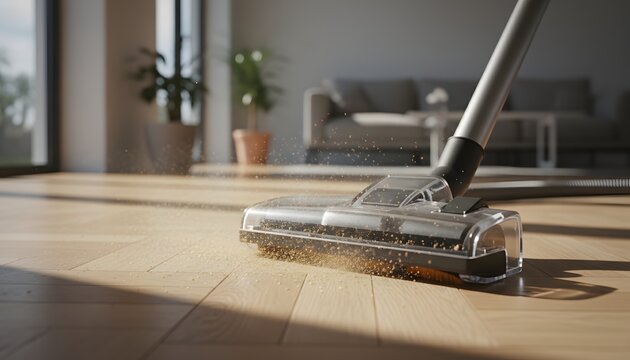 Close up of a worker vacuuming parquet floor to remove construction dust in a modern home for a renovation and professional housekeeping service concept with bright sunlight