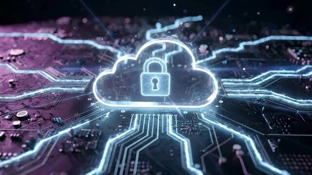 Cloud security animation with glowing lock and digital connections, cybersecurity data protection and encrypted storage concept, secure network access and online privacy system video