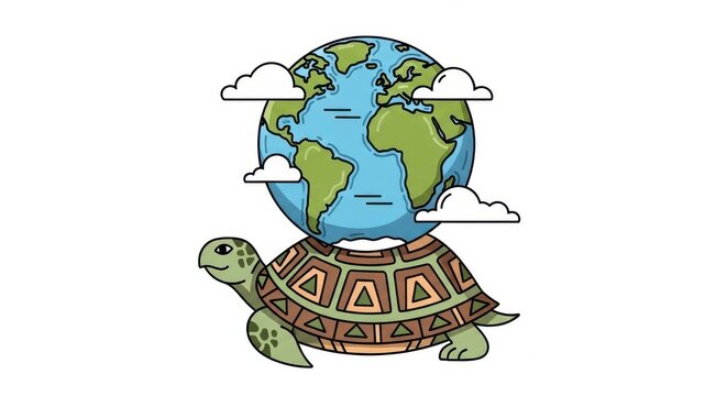 a colorful turtle with a patterned shell carries the earth on its back with clouds floating around i