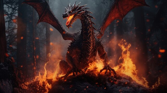 Massive Fire Breathing Dragon Reigning Over a Roaring Lava Inferno Realm