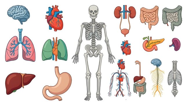 Human Internal Organs and Skeletal System Collection, Detailed Vector Illustration of Heart, Brain, Lungs, Liver, Stomach, Kidneys, and Anatomy Set for Medical Education