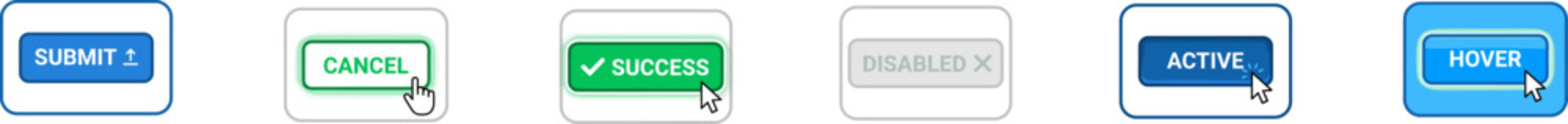 Vector set of web interface buttons with different interaction states.