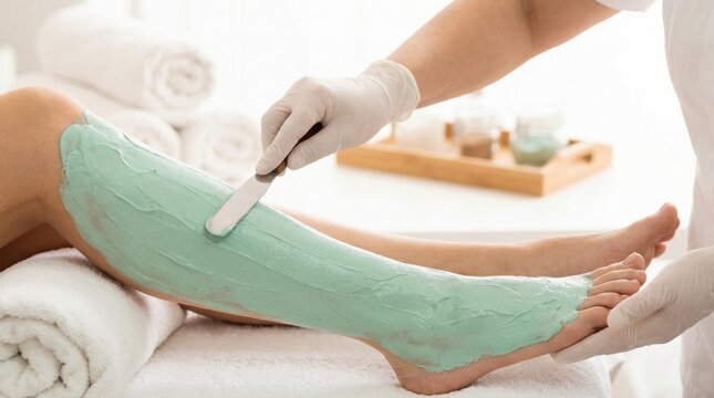Spa therapist using a metal spatula to apply a soothing green mud mask treatment to a clients leg and foot