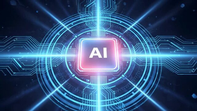Artificial intelligence chip animation with digital network connections, AI data processing and machine learning system concept, smart technology interface and futuristic computing video