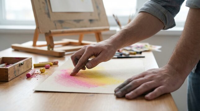 Hands of an artist gently smudging vibrant red and yellow soft pastels on textured paper at a wooden studio desk