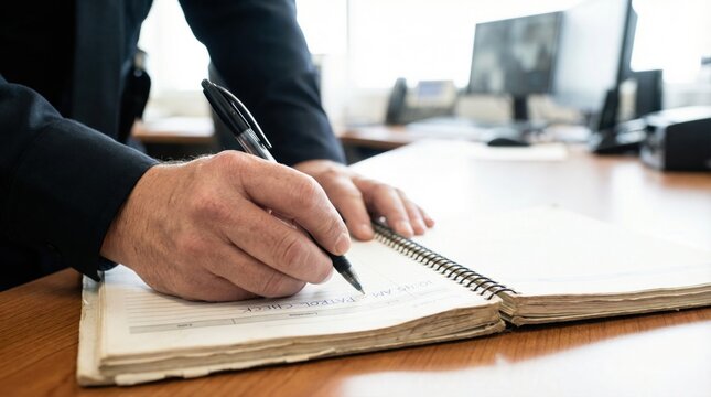 Security guard in a dark uniform writing a status update with a pen in a spiral patrol check logbook at a desk