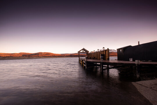 Pier on Lake La Plata , La Plata Lake, Huente Co, Chubut Province, Patagonia, Argentina.