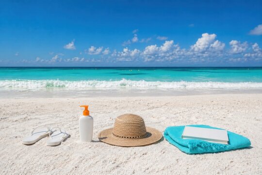 Summer vacation on Caribbean white sand beach: white flip-flops, sunscreen bottle, straw hat and a turquoise color towel on a sand, isolated, no people