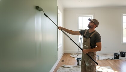 Naklejka premium Professional man painting interior wall with roller extension pole in modern apartment for home improvement and renovation concept, remodeling workspace background