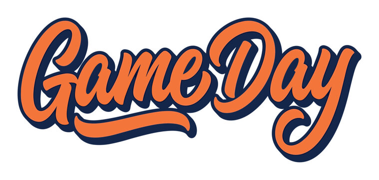 Game Day orange and blue lettering with shadow effect, a bold script typography vector illustration