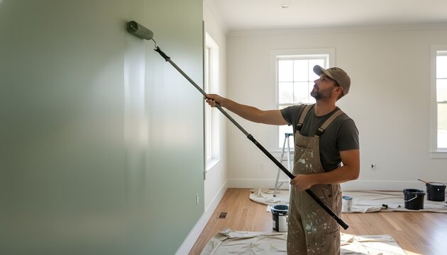 Professional man painting interior wall with roller extension pole in modern apartment for home improvement and renovation concept, remodeling workspace background