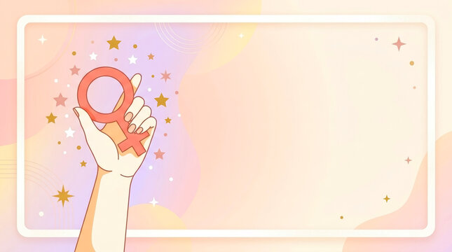 Illustration for Women&rsquo;s Equality Day, hand holds female symbol on pastel background. Design promotes gender equality, empowerment, central to Women&rsquo;s Equality Day.