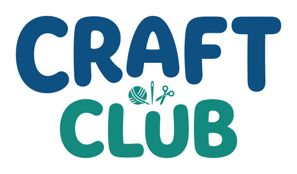Craft Club lettering with yarn ball, needle, and scissors, creative hobby vector illustration