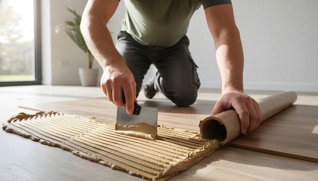 Man laying linoleum with glue during a home renovation and flooring repair project for interior improvement concept, professional installation of vinyl flooring