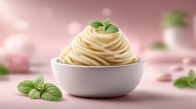 Clean minimalist World Pasta Day lifestyle shot of perfectly twirled al dente spaghetti with fresh basil on soft pastel blush pink background.