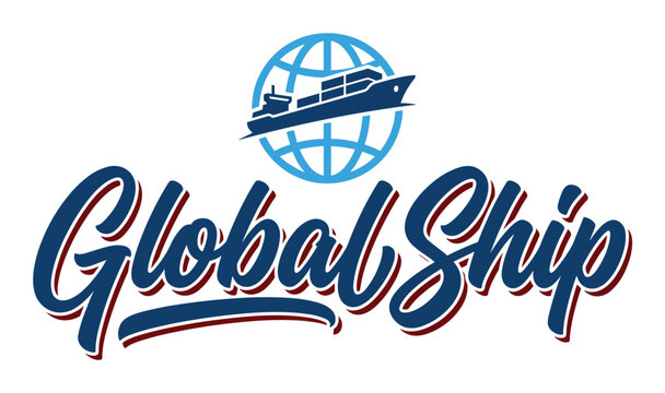 Global Ship text with a cargo ship and globe icon, a vector illustration for worldwide shipping and logistics