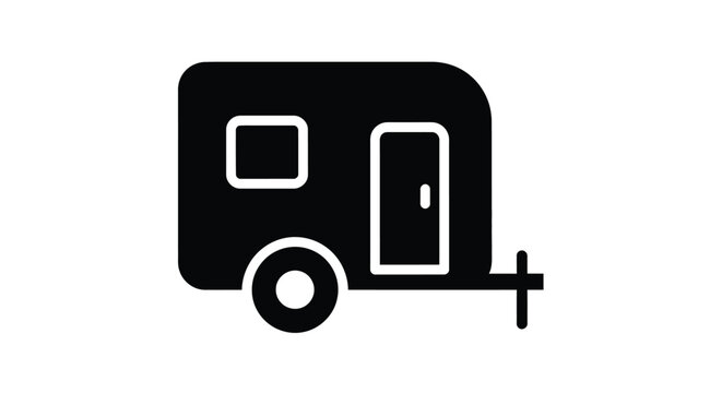 A black silhouette of a small travel trailer with a window and door is depicted.