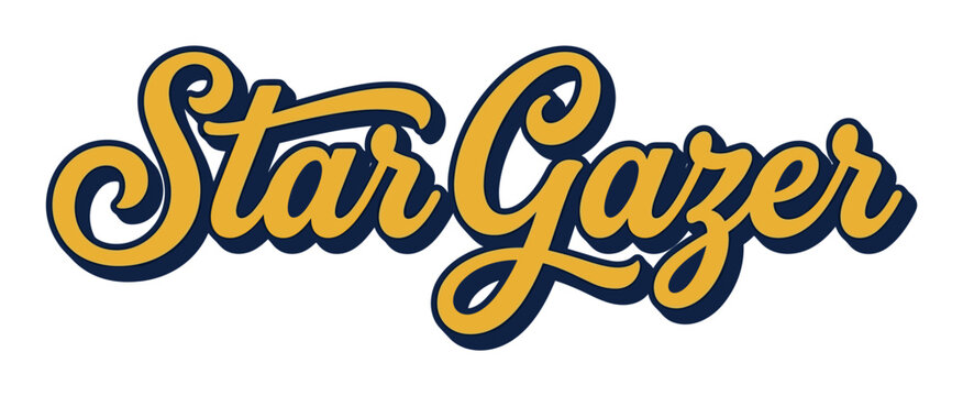 Star Gazer text in retro script font with yellow fill and dark blue shadow effect vector illustration