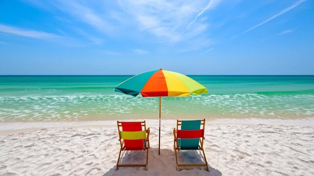 Two beach chairs and a colorful umbrella stand invitingly on a pristine beach, the turquoise waters and azure sky creating a scene of pure relaxation and leisure.