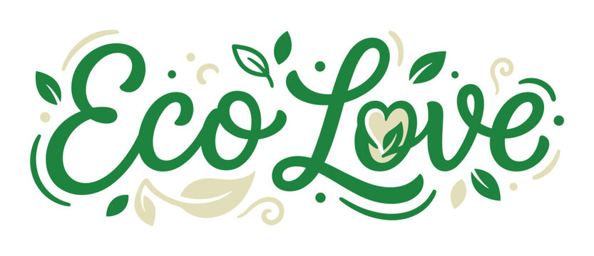Eco Love green lettering with leaves and heart, a vector illustration for nature and environmental themes