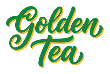 Obraz premium Golden Tea hand-drawn lettering with green and yellow colors, a beautiful calligraphic inscription for packaging or branding