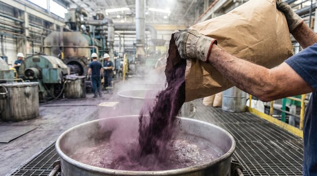 Industrial worker pouring bright purple dye powder from a large paper bag into a steaming metal vat