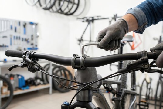 Bicycle mechanic wearing grey gloves using an allen key wrench to tighten the black handlebar stem