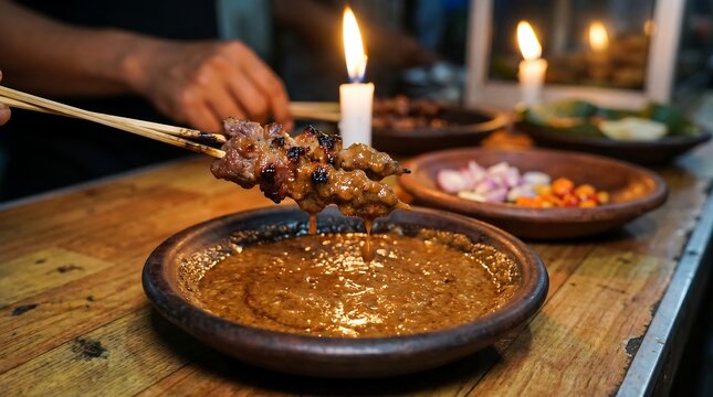 Delicious Indonesian Chicken Satay Sate Ayam with Peanut Sauce.