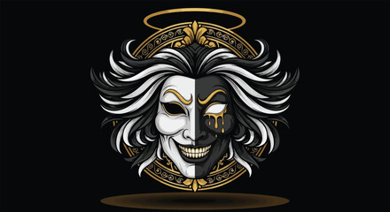 Fototapeta premium Joker Mask with Halo and Ornate Frame.