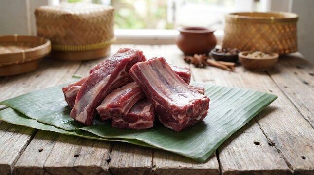 Fresh Raw Pork Ribs on Banana Leaf Rustic Wooden Table.
